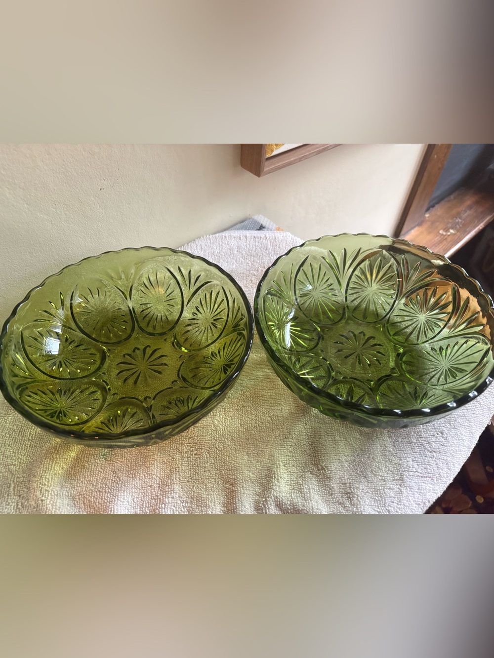 Pair of Vintage Anchor Hocking Olive Green Starburst Bowls - MCM Pressed Glass